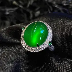 Inspired design silver inlaid crystal natural green chalcedony oval adjustable ring exquisite anniversary gift ladies jewelry