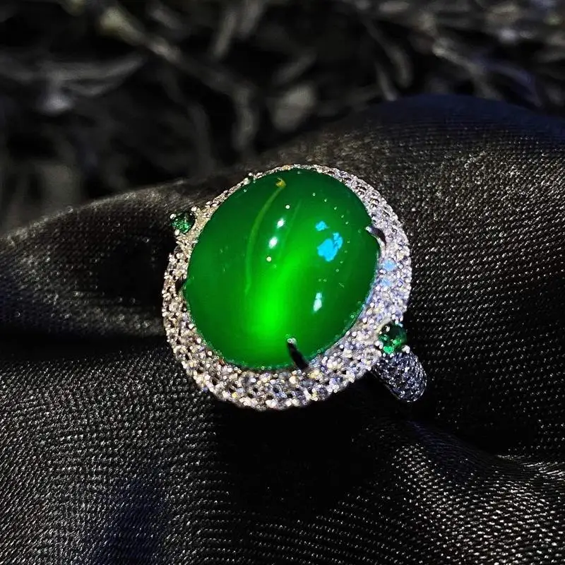 Inspired design silver inlaid crystal natural green chalcedony oval adjustable ring exquisite anniversary gift ladies jewelry