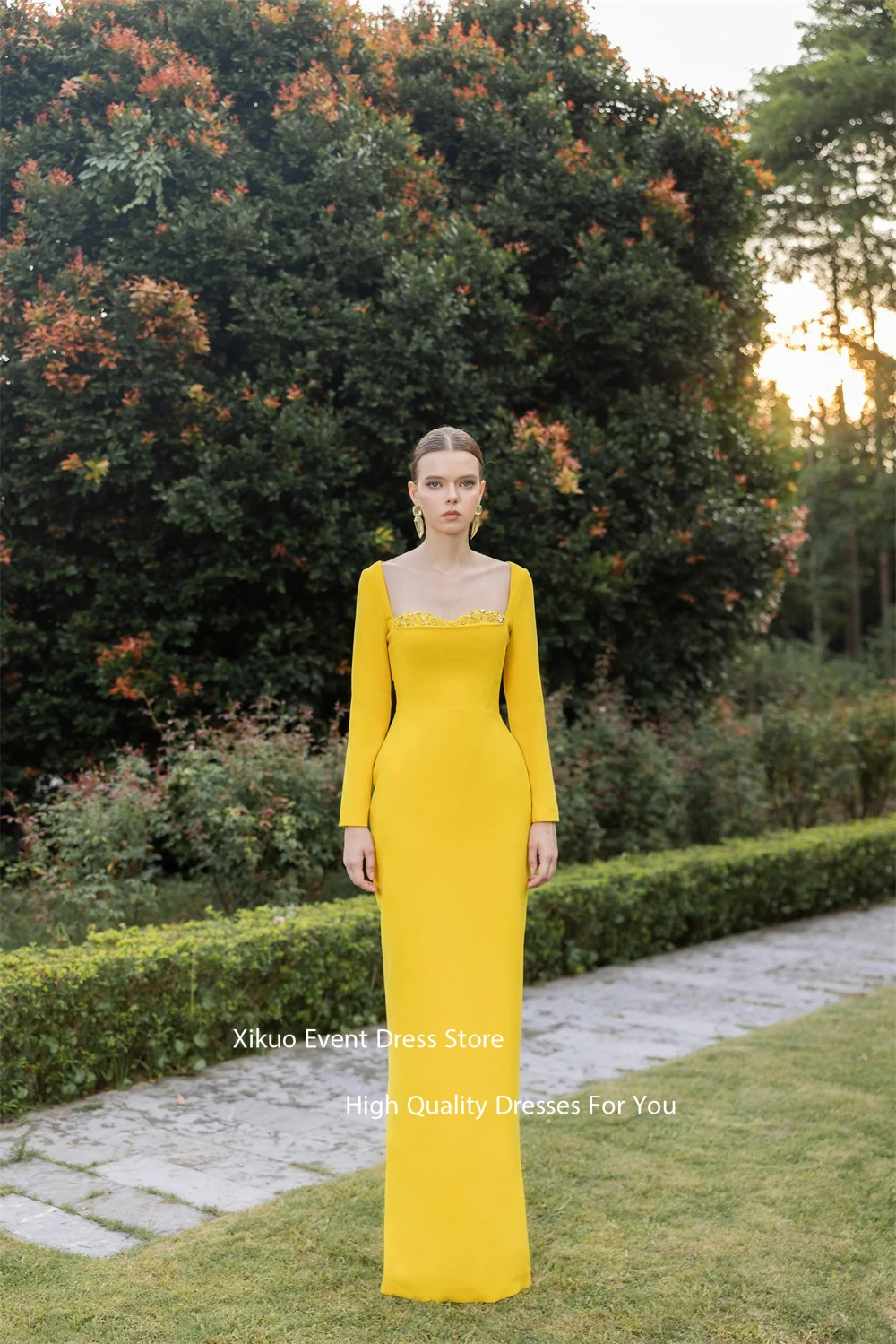 Xikuo فساتين سهرة من الساتان برقبة مربعة وأكمام طويلة رداء كوكتيل نسائي مطرز بالكريستال مناسب للحفلات الراقصة حسب الطلب #5