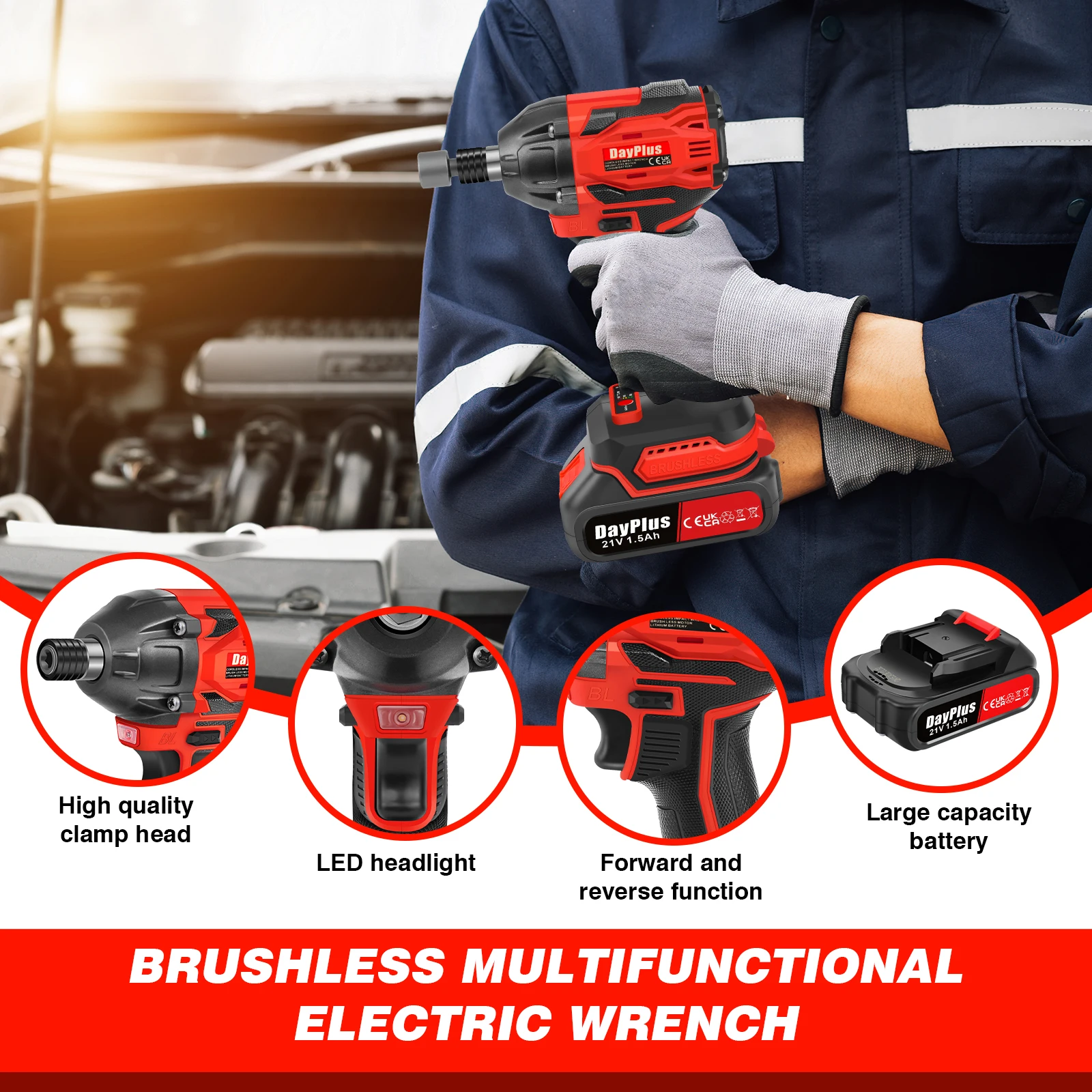 

DayPlus 2 IN 1 Cordless Impact Wrench,1/2" Driver Brushless Power Impact Gun,2500RPM Electric Wrench, Max Torque 1500Nm+Battery