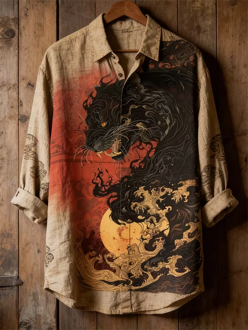 New Chinese style ukiyo-e black panther print men's long sleeved shirt, vintage casual shirt clothing