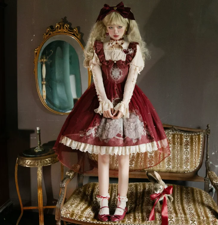 Elegant Loita Sweet Print Square Collar Princess Dress Fashion Girl High Waist Versatile Lace Heavy Industry Court Doll Dresses
