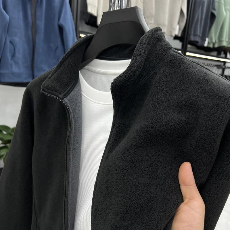 

Outdoor Fce Lined Stand Collar Men's Cardigan Zipper Double Sided Fce Warmth Casual Wear Autumn Winter Long Sve