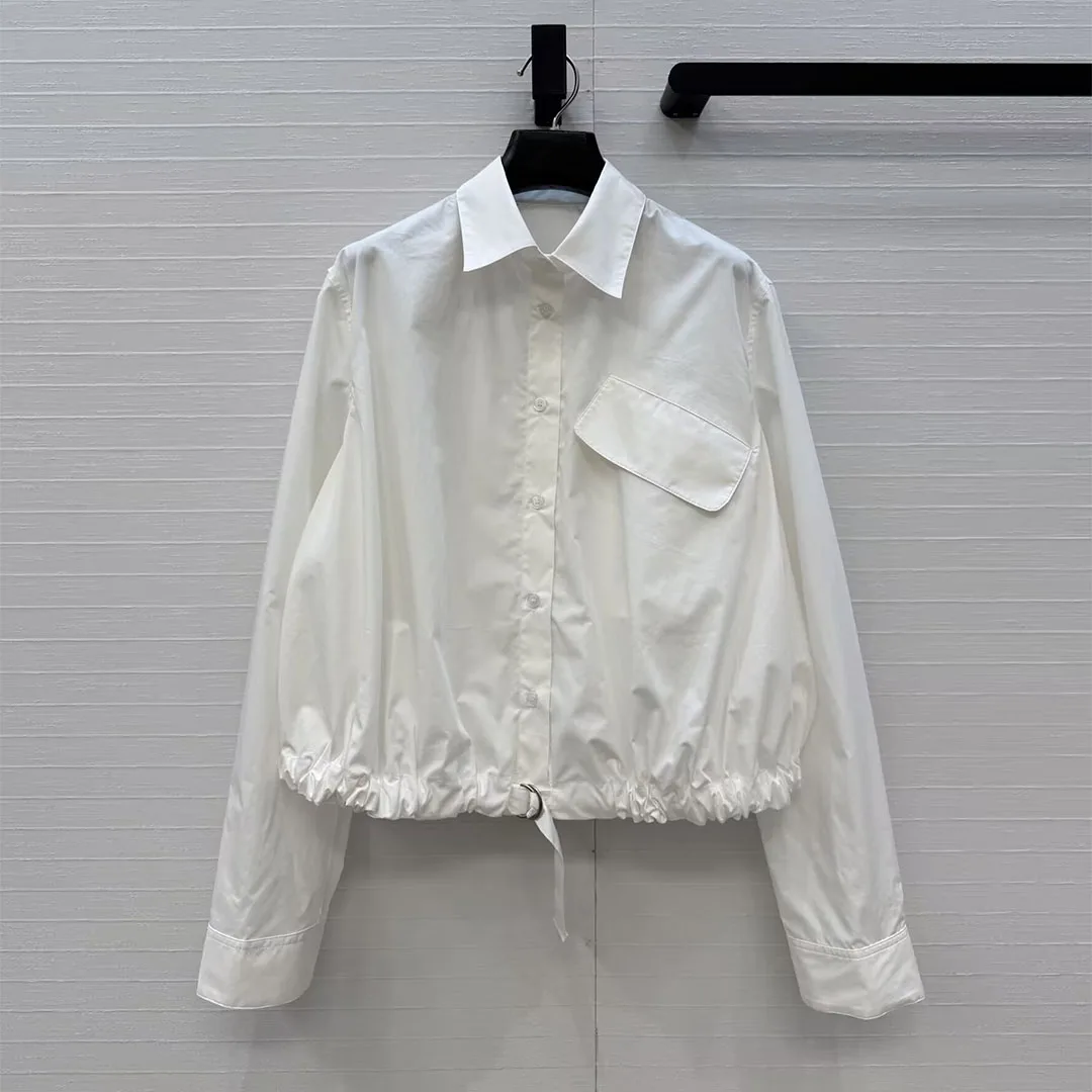 

Модная свободная хлопковая рубашка для женщин с отложным воротником, длинными рукавами, декоративным поясом, передним карманом, 4 цвета, повседневная шикарная блузка