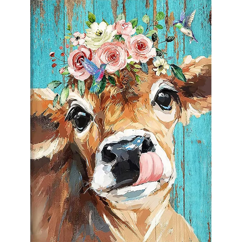 AB Diamond Diamond Painting A cow with a flower on its head Embroidery Kit Wall Decoration Hanging Painting