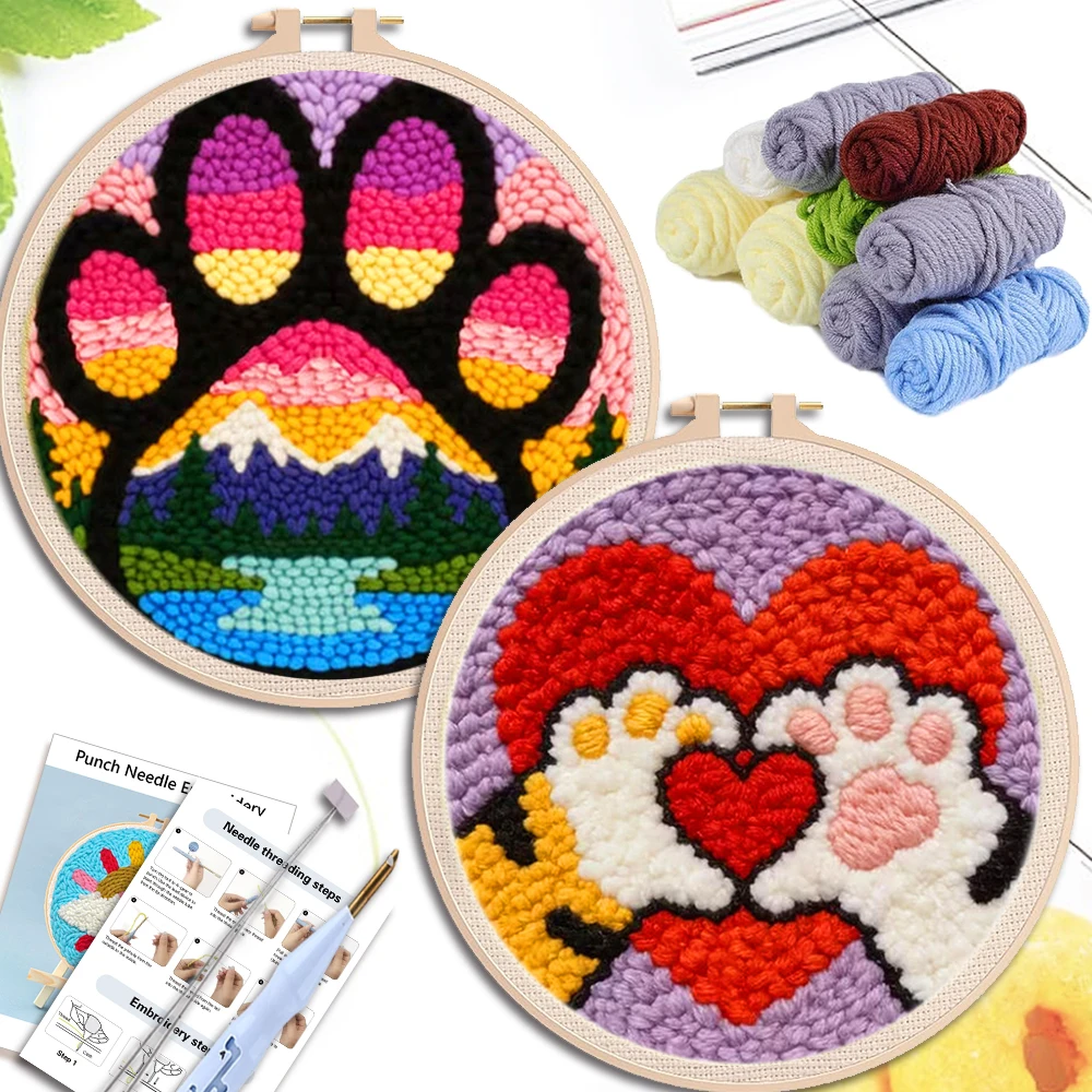 DIY Punch Needle Embroidery Kit Cute Cat Paw Pattern Starter Kit Magic Tufting Set Poking with Yarn Cross Stitch Friendly Gift﻿