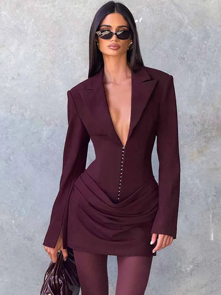 BKQU ディープVネック ラッフルセクシーミニドレス レディースファッション ハイウエスト 長袖 フォーマル オフィスブレザードレス エレガントパーティガウン