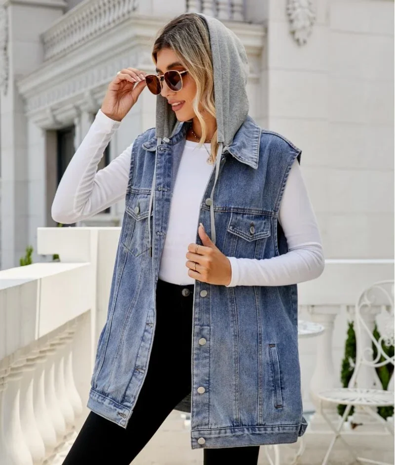 New Fall Winter New Women's Sleeveless Long Denim Vest Fashion Loose Detachable Hooded Jeans Jacket Coat Casual Clothing S-XL