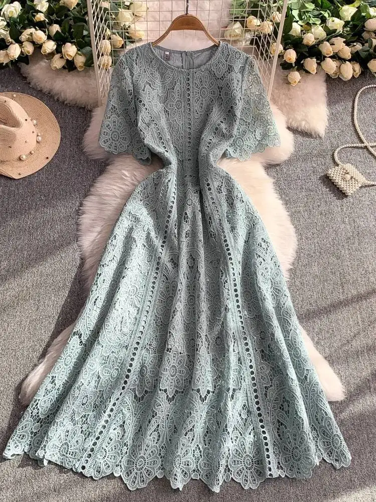 Women Vintage Hook Flower Dress Summer Hollow Lace Round Neck Evening Party Dresses Elegant Solid Long Robe Vestidos
