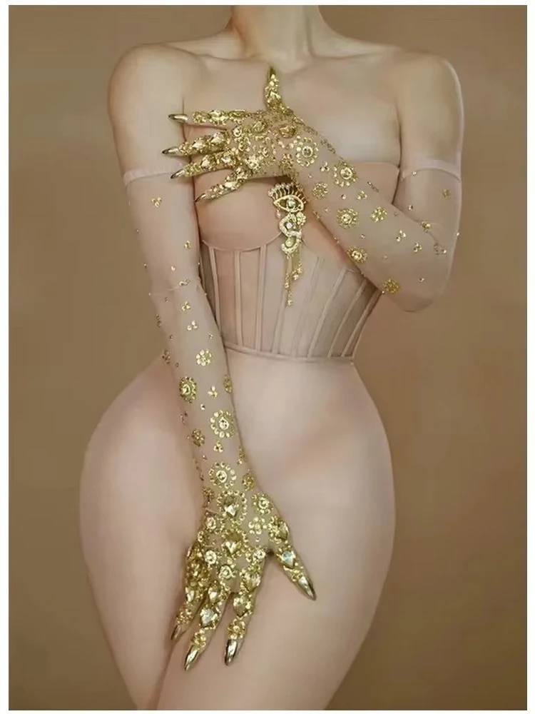 

Women Long Gloves Gold Rhinestones Dancer Singer Nightclub Stage Elasticity Bar Show Accessories Sparkly Lady Luxurious Mitten