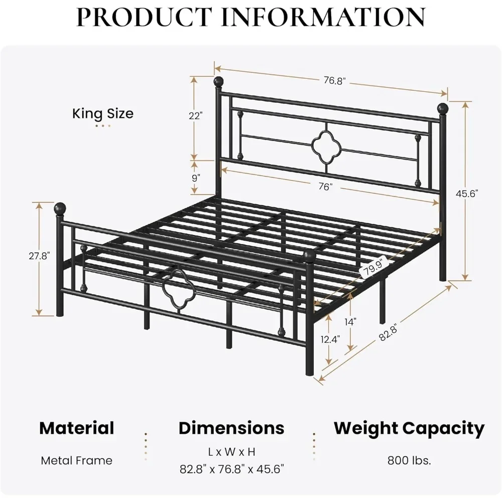 14 Inches King Size Metal Platform Bed Frame/Vintage Iron-Art Headboard and Footboard/Mattress Foundation