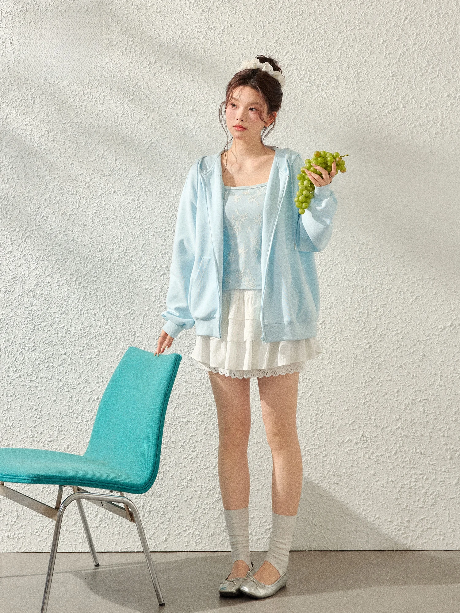 

plus Size Blue Hoodie And Skirt Set Korean Sle Casual Spring Faion for Plump Women High Waist A-Line Skirt with Pleats