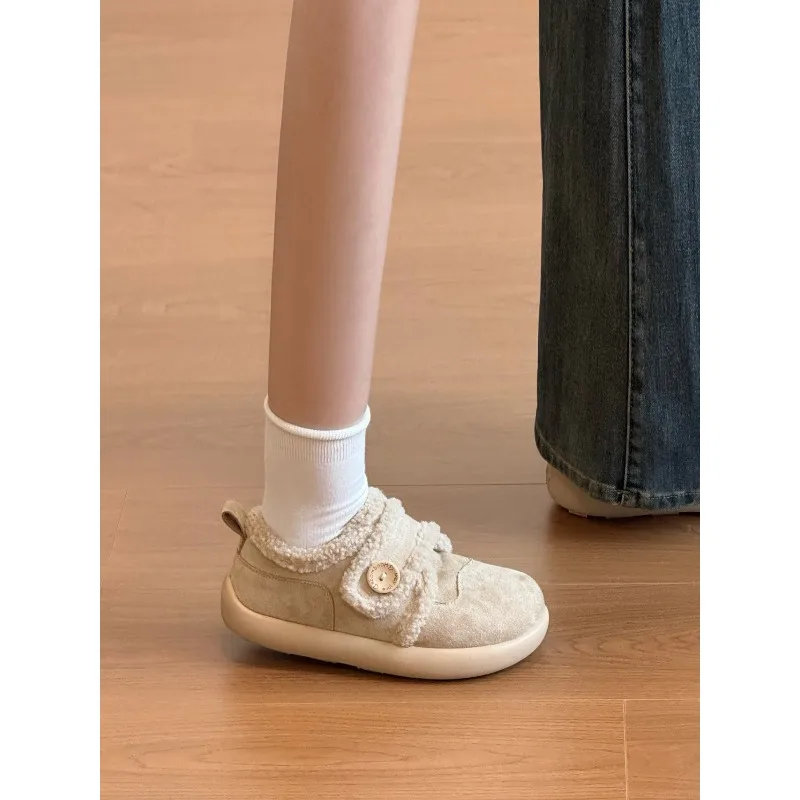 

Модная хлопковая женская обувь, новинка зимы 2025, бархатные нескользящие туфли на плоской подошве с круглым носком в стиле ретро