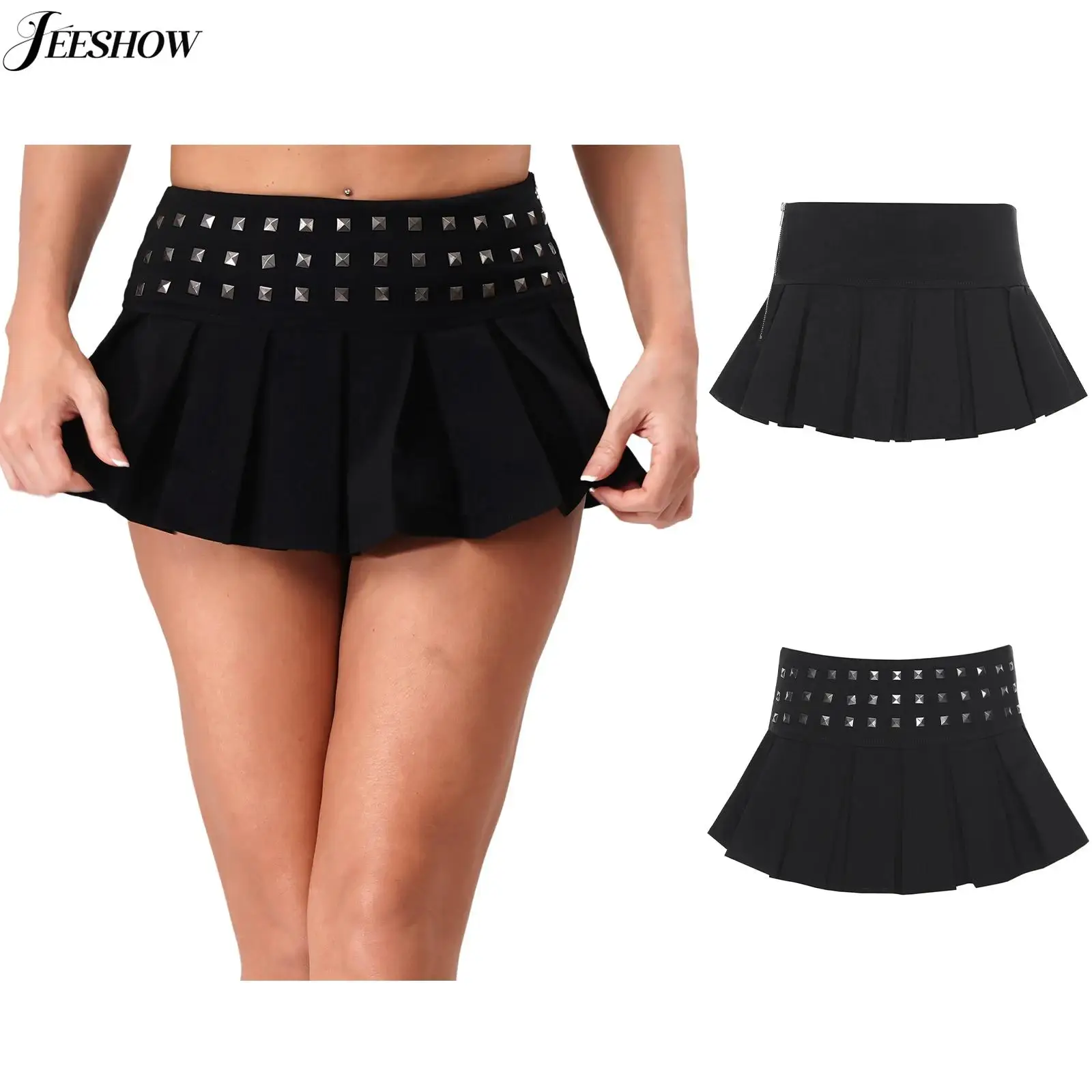 

Женская сексуальная мини-юбка с низкой талией, плиссированная, в стиле Y2K, с заклепками, боковой молнией, плиссированная микро-юбка со встроенными шортами, для ночных клубов, рейвов и вечеринок, кюлоты