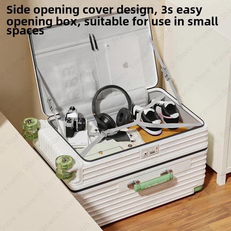 Mala básica com suporte de copo e gancho, mala de viagem com rodas giratórias, carrinho largo portátil, bagagem com abertura frontal