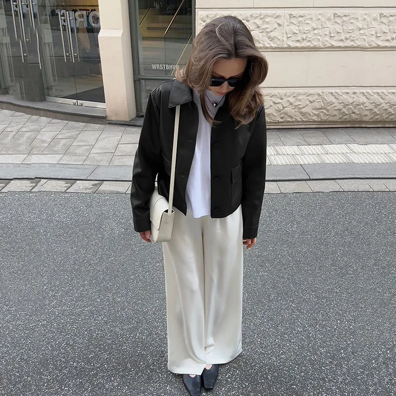 2026 nuove donne giacca corta monopetto in ecopelle Office Lady Casual High Street vestibilità ampia