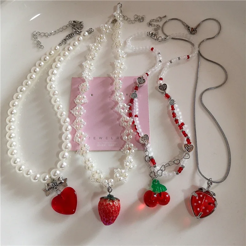 New Goth Y2k Aesthetic Cherry Strawberry Pendant Pearl Beaded Necklace Girl Vintage Cute Kawaii Charms EMO Jewelry Accessories