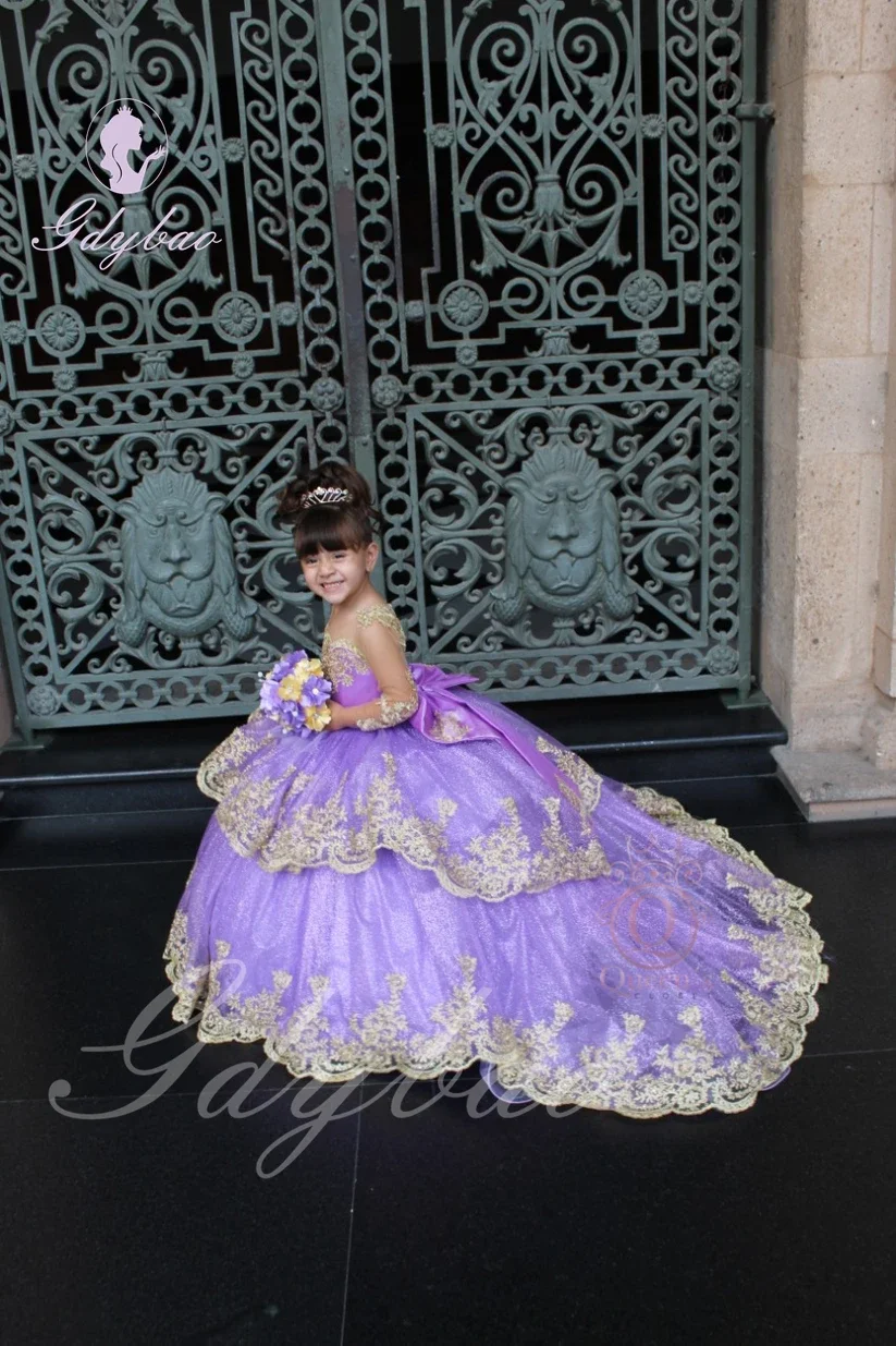 Customized Sparkling Flower Girl Dress for Wedding Lavender Lace Applique with Bow Kids Birthday Party First Communion Ball Gown