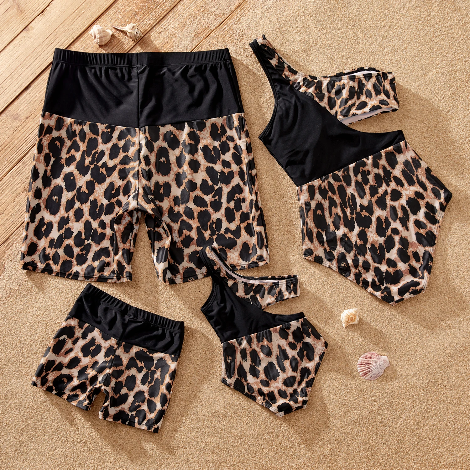 PatPat Family Matching Leopard Panel Cut Out Waist One-Shoulder One Piece Swimsuit or Swim Trunks Shorts