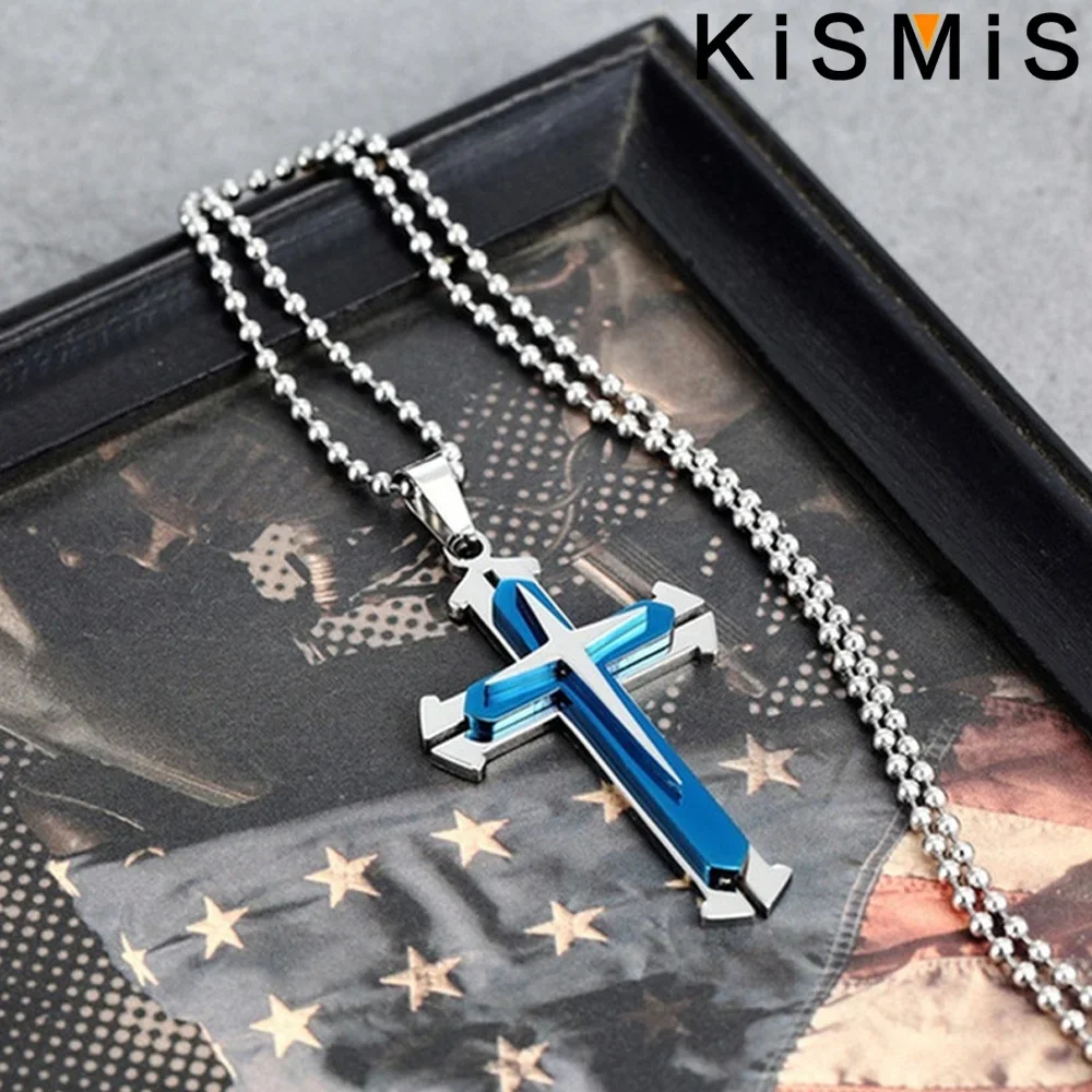 KISMIS 1PC Stainless Steel Cross Necklace Pendant Jewelry Catholic and Christian Jesus Amulet