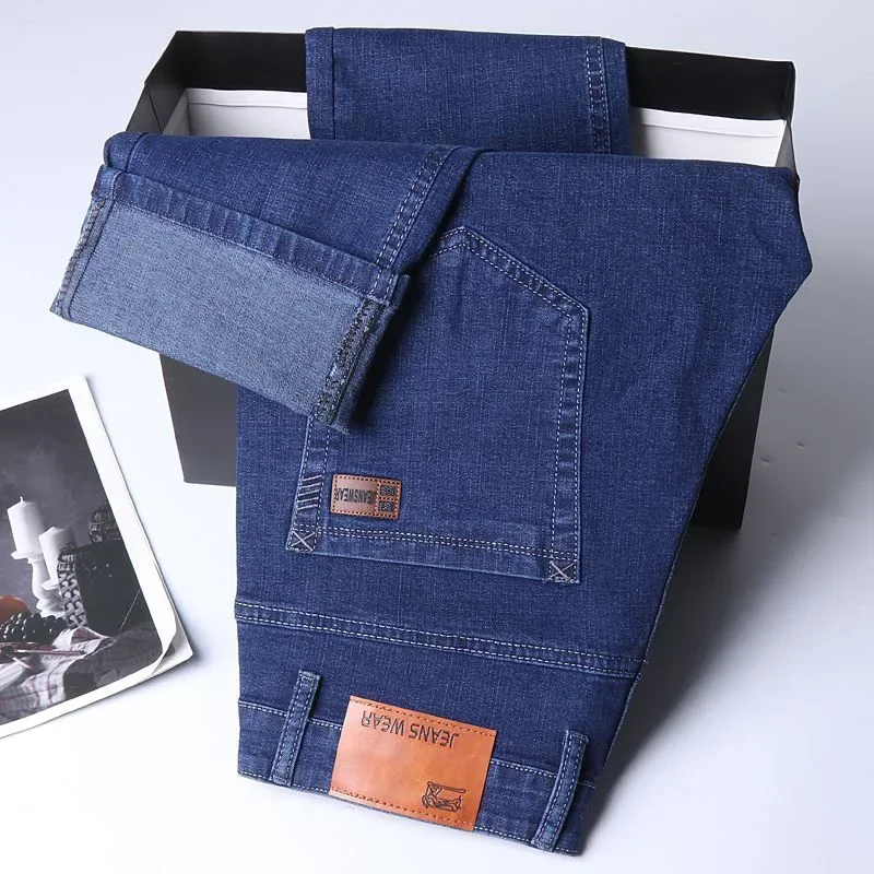 

Новые мужские повседневные классические эластичные облегающие прямые джинсы, мужские деловые повседневные простые модные черные, синие джинсовые брюки