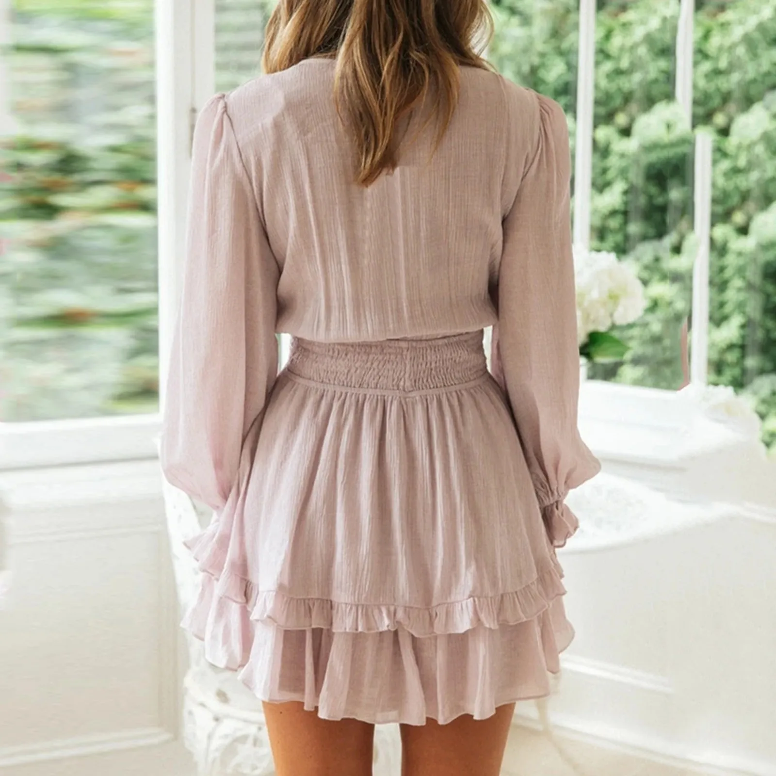 Solid Color Dress Women Elegant Spring Summer Ruffles Long Sleeve Sexy Fairy Dress V-Neck Lace-Up Festival Clothing Outfits
