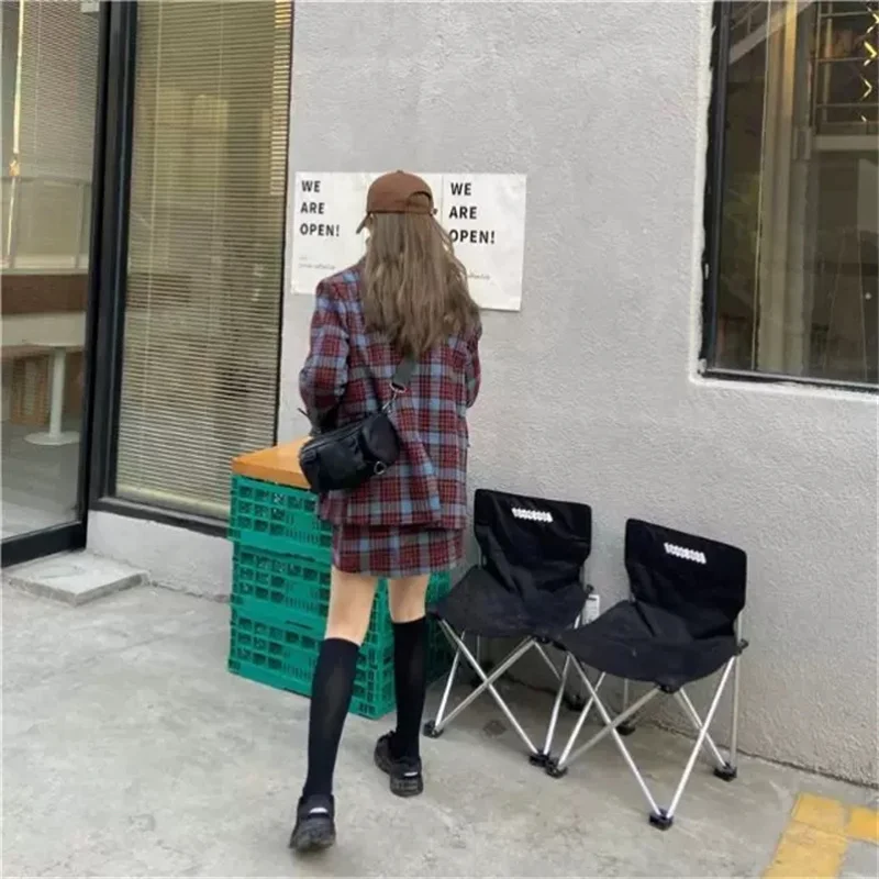 2023 neue Frühling Herbst Blazer Retro Plaid Woolen Anzug Jacken Kurze Röcke Mode Zwei-stück Sets Für Frauen Kleidung jp410