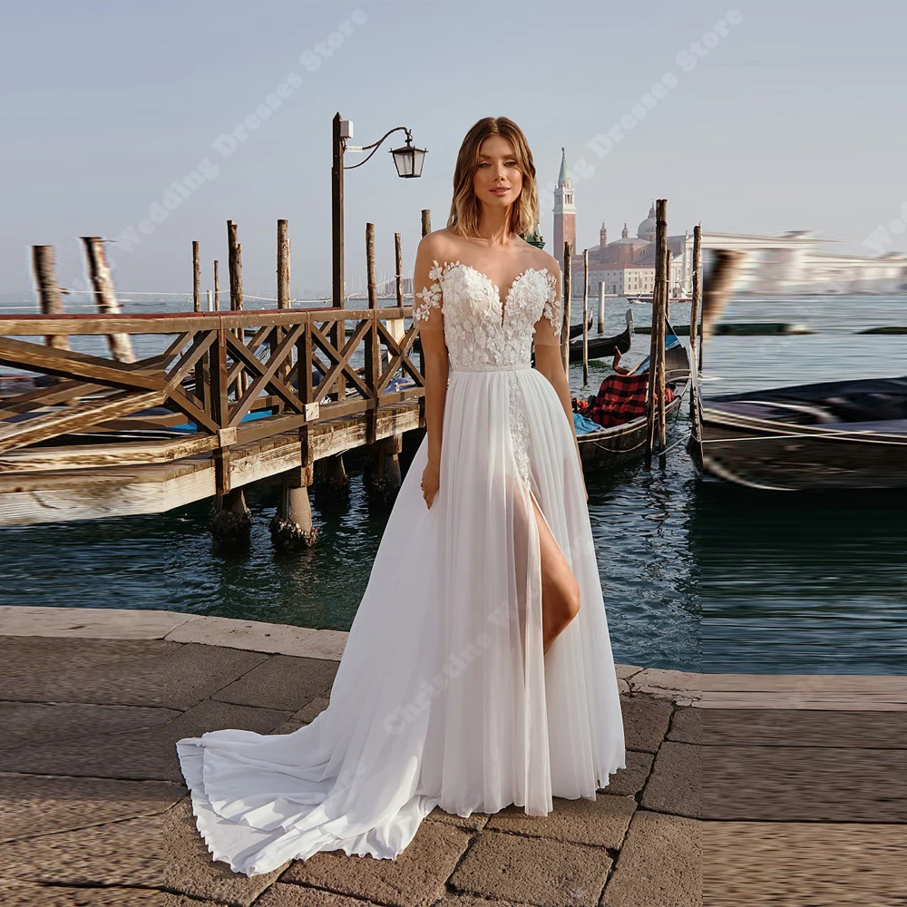 Vestidos De novia De corte en A para mujer, ropa Formal De manga corta con escote Corazón, Espalda descubierta, Fiesta en la playa