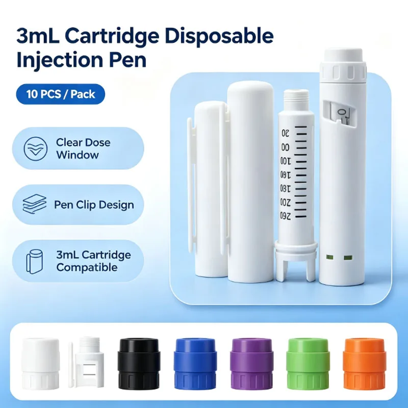 10PCS 3ML Cartridge Rotatable Press Insulin Pen  Disposable Injection Instrument with Transparent Visible View Window
