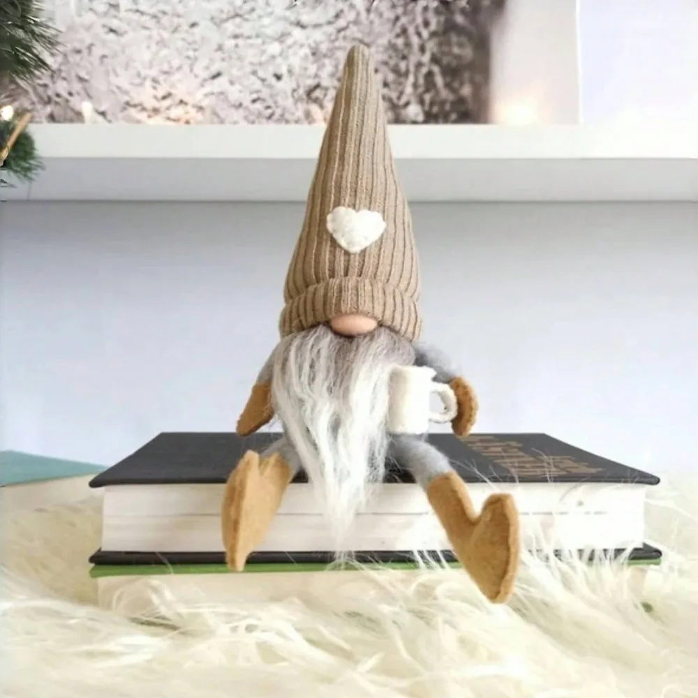 Knitted Faceless Gnome Doll with Coffee Grinder, Christmas Plush Ornament, Home Bar Decor Figurine Gift