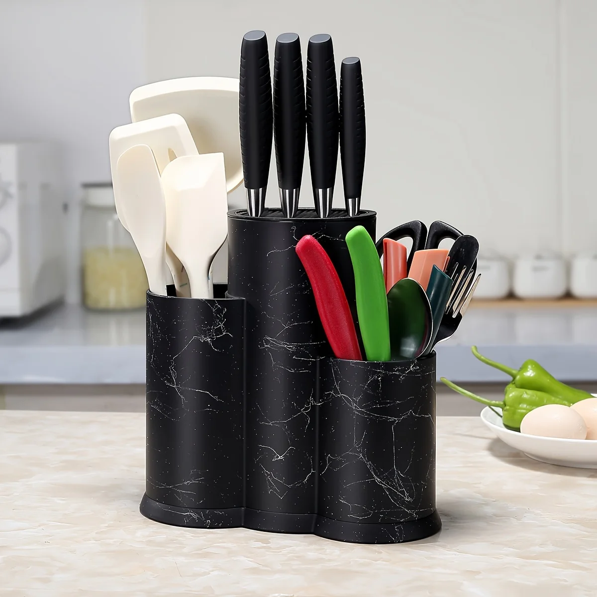 

3-in-1 Kitchen Utensil Holder - Space-Saving Organizer for Knives, Chopsticks & More - Durable Plastic, Black