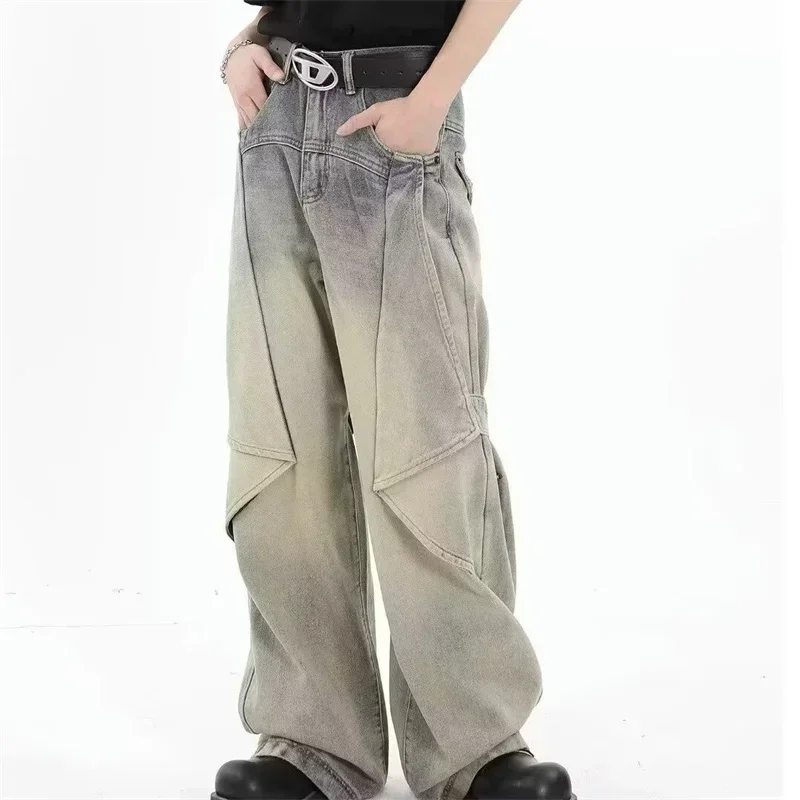 

New Hip Hop Wide Leg Jeans For Men Washed Distressed Baggy Y2K Denim Trousers Autumn High Street Deconstruction Cargo Jean Pants