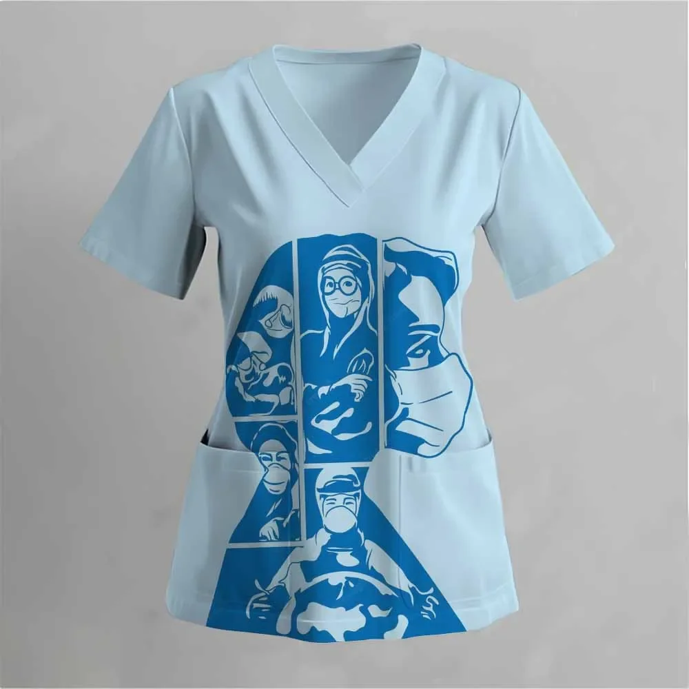 Cartoon printed pet grooming work clothes, women's short-sleeved V-neck top, women's surgical shirt, nurse's medical T-shirt