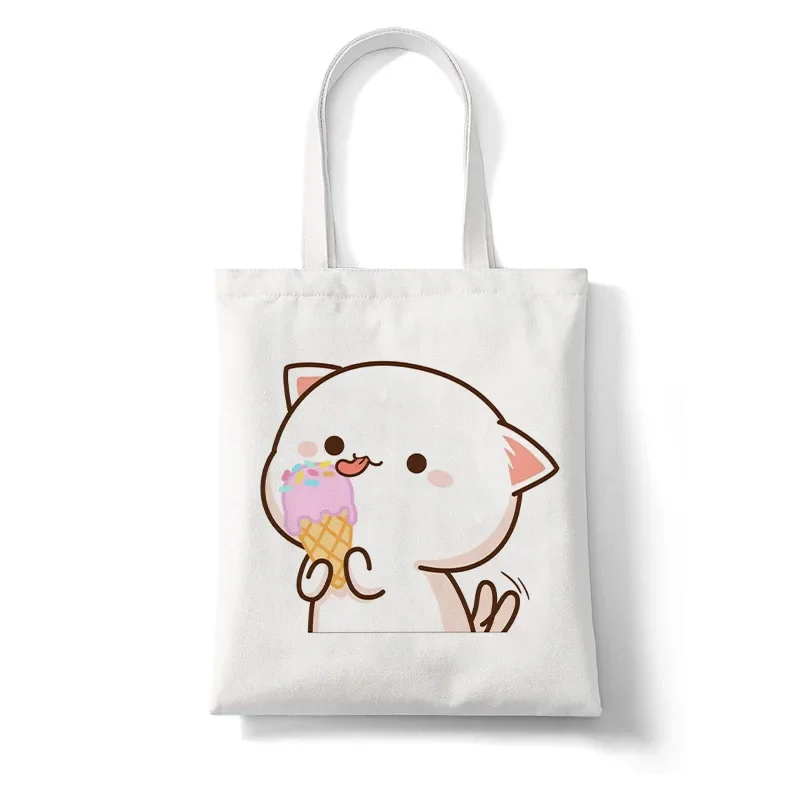 Peach and Goma Mochi Cat Love Print Shopping Bags for Women Canvas Tote Bags Handbag Reusable Cartoon Shopping Bag Female