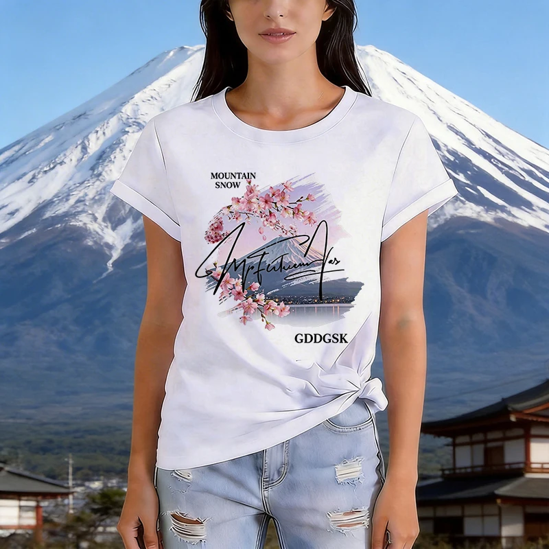 Women's Regular Casual Printed Short Sleeve T Shirt Japanese Mount Fuji Graphic T-Shirt Clothes Cherry Blossom Vinatge Tees Tops