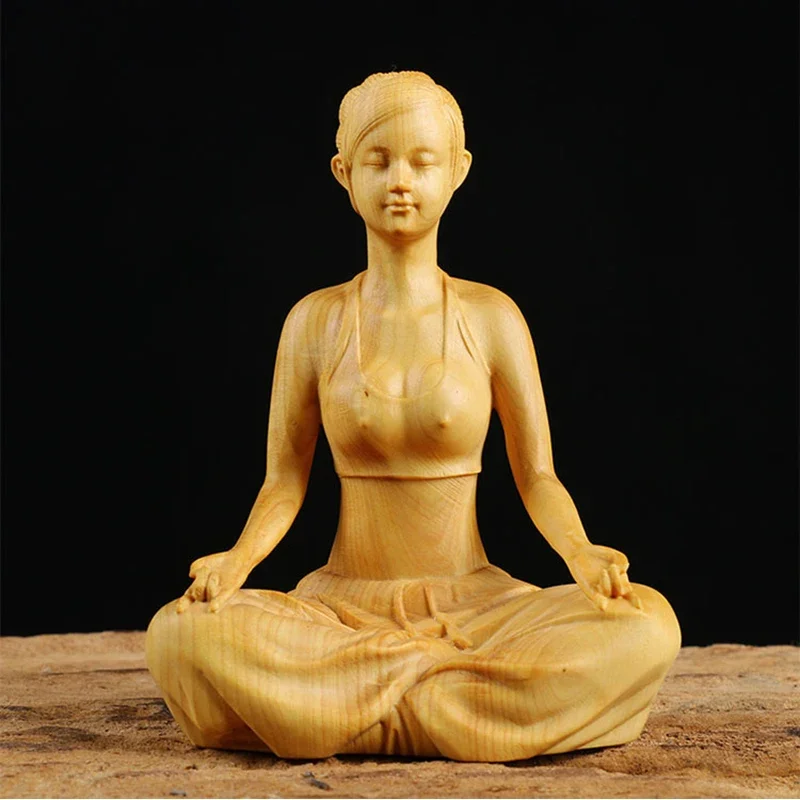 

Natural Boxwood 10cm Beauty Sculpture Wood Carving Yoga Girl Statue Feng Shui Home Decor