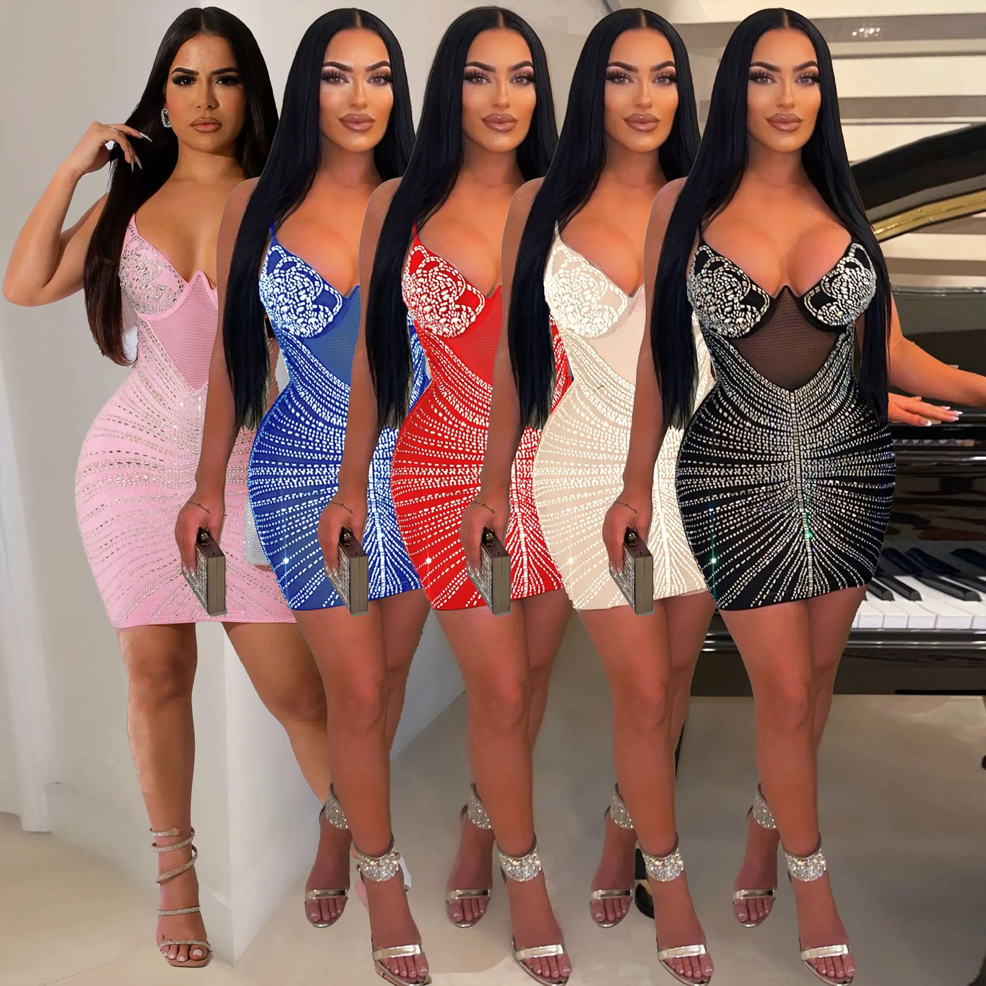 Sexy nightclub party party club deep v hot diamond halter dress