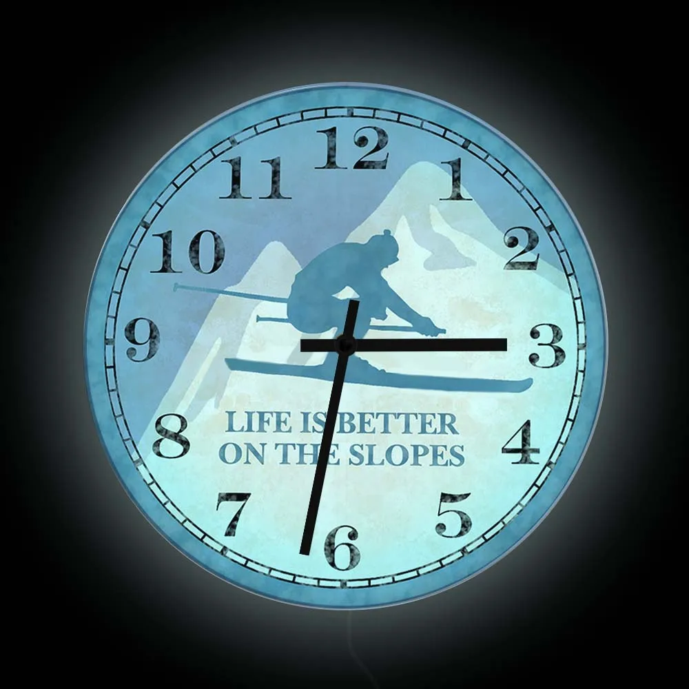 Life Is Better On The Slopes Snowboarding Luminous Wall Clock Skiing Home Decor Color Changing Night Light Glow In Dark Clock