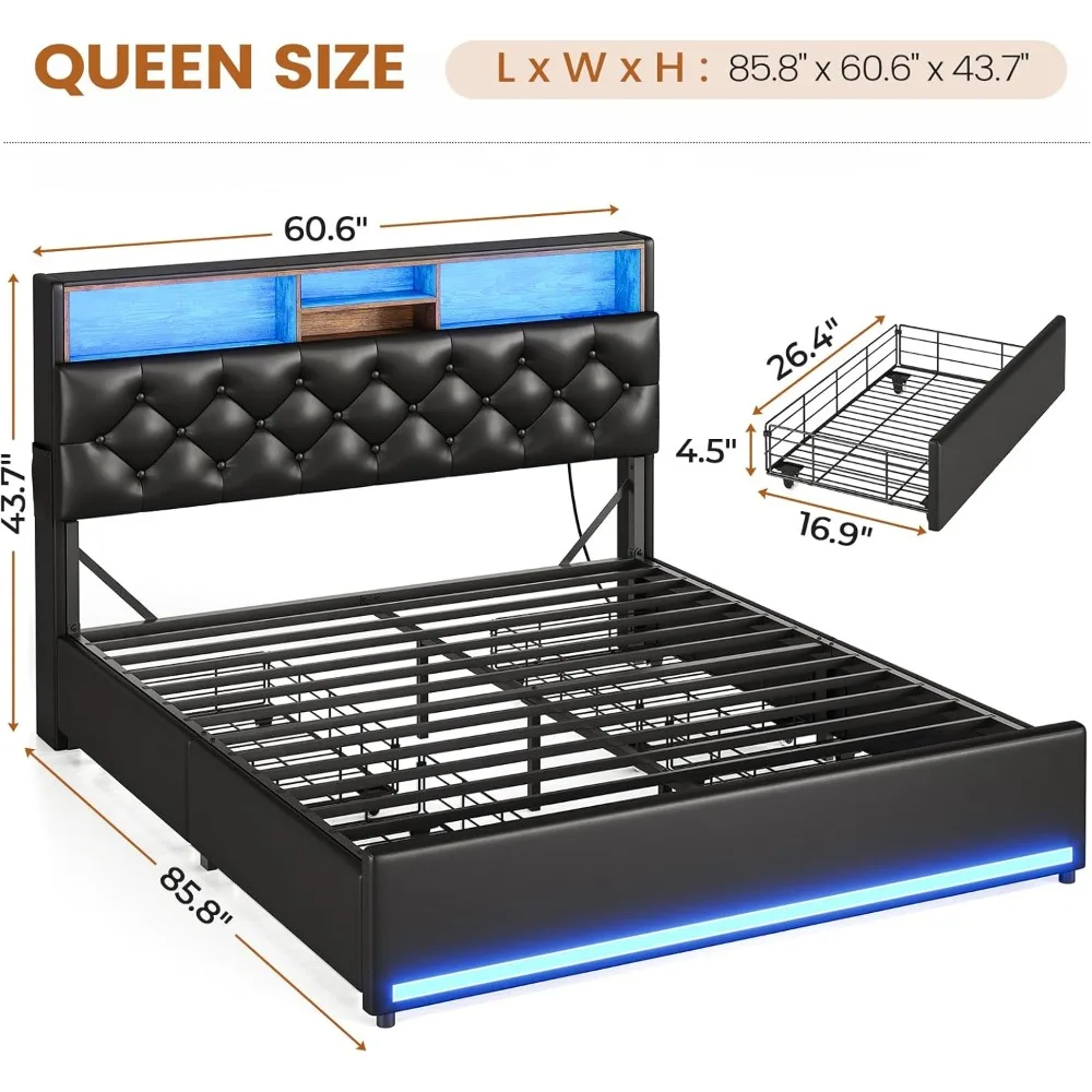 Queen Size Bed Frame with 3-Tier Headboard & Hidden Storage, 4 Drawers and Charging Station, Upholstered LED Metal Bed Frame image 2
