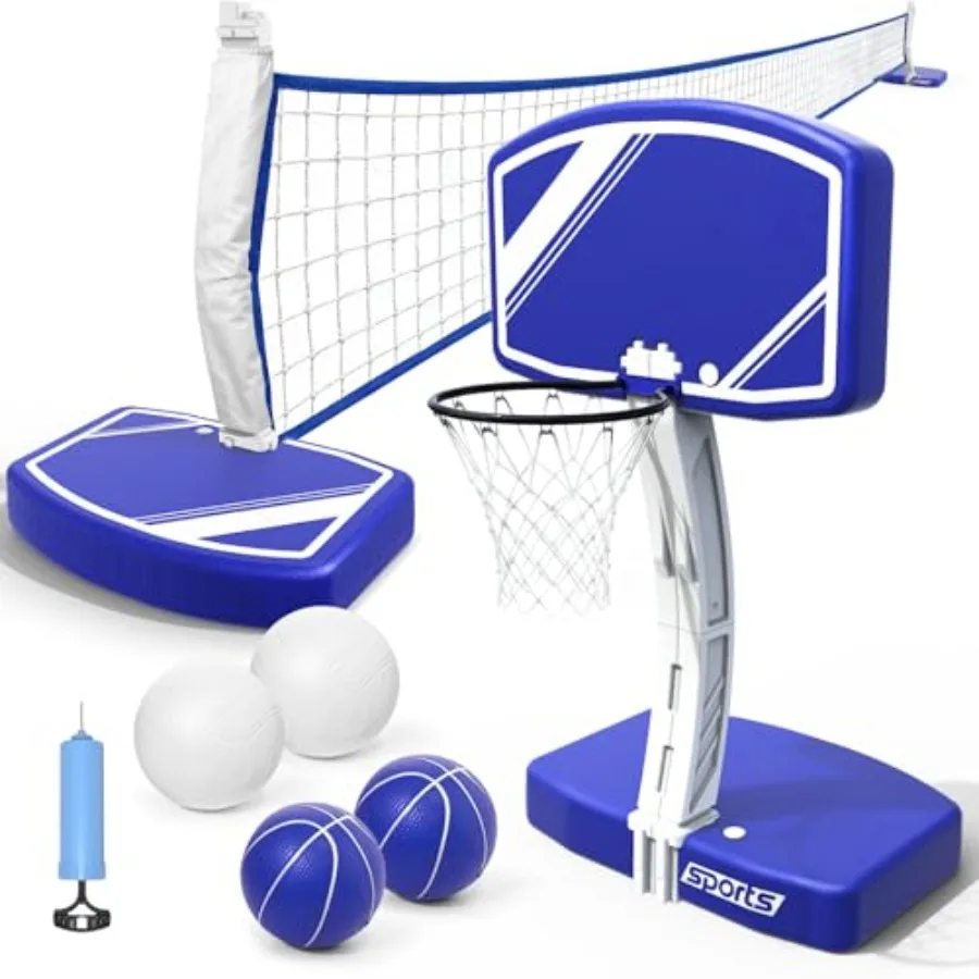 

Pool volleyball net and basketball hoop 2-in-1 set: PVC blue weighted base for stability includes 2 volleyballs 2 basketballs p