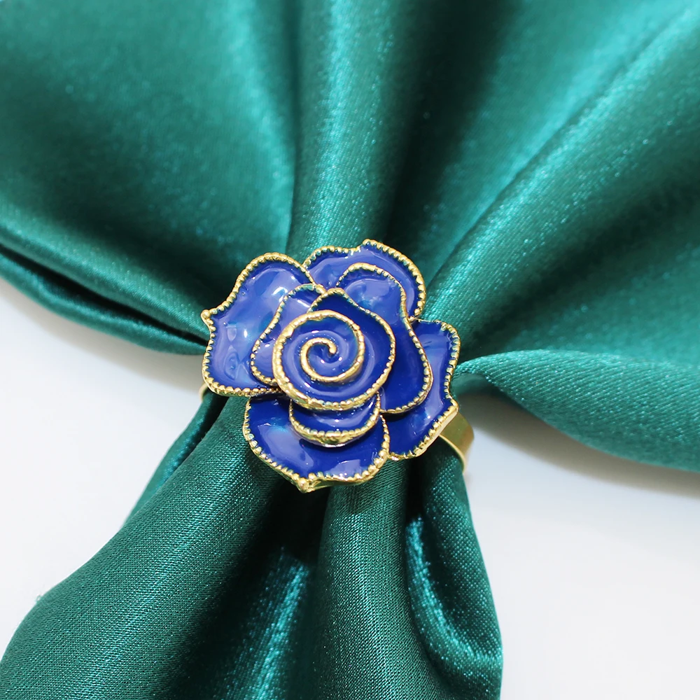 6Pcs Hanukkah Napkin Rings Blue Rose Flower Napkin Holder Metal Napkin Buckles for Wedding Christmas Party Hanukkah Decoration