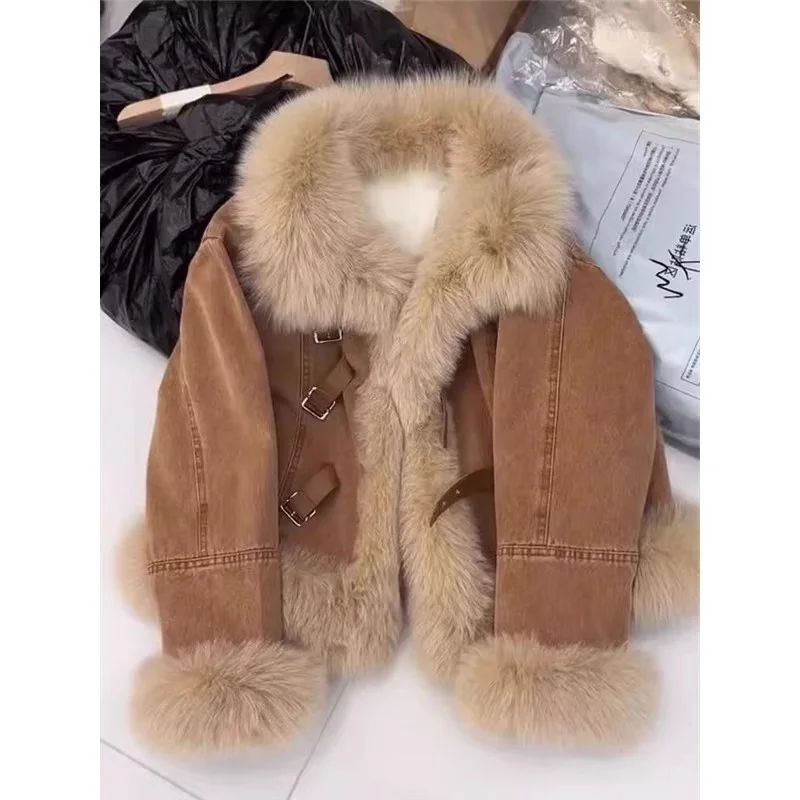 Winter Denim Jacket with Faux Fur Collar, Retro Brown Faux Leather Plush Coat, Thick Fleece Lined Warm Fashion Jacket W2087