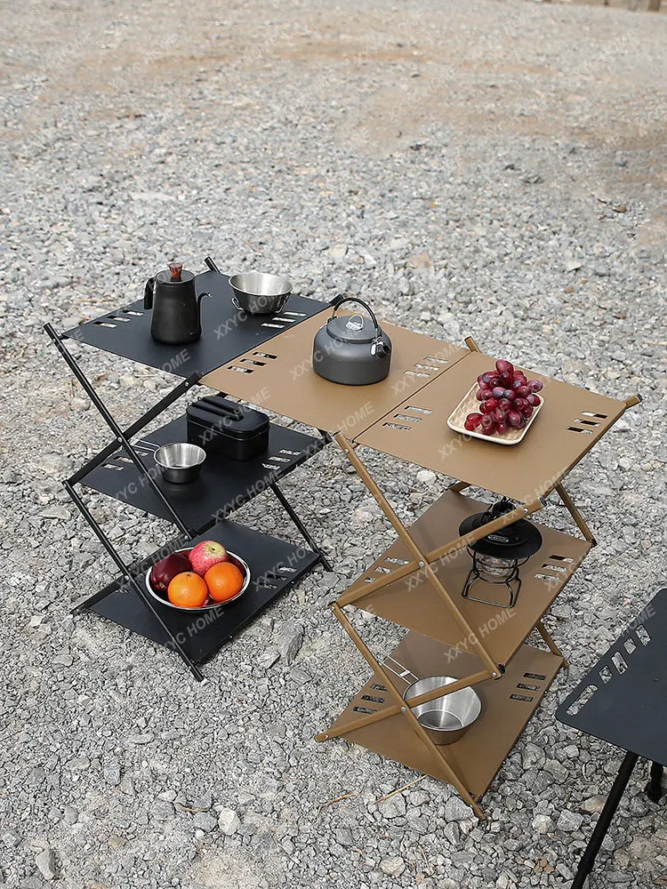 Outdoor Black Aluminum Alloy Storage Rack Deformable Folding Table Multifunctional Camping Portable Dual-Use Lightweight