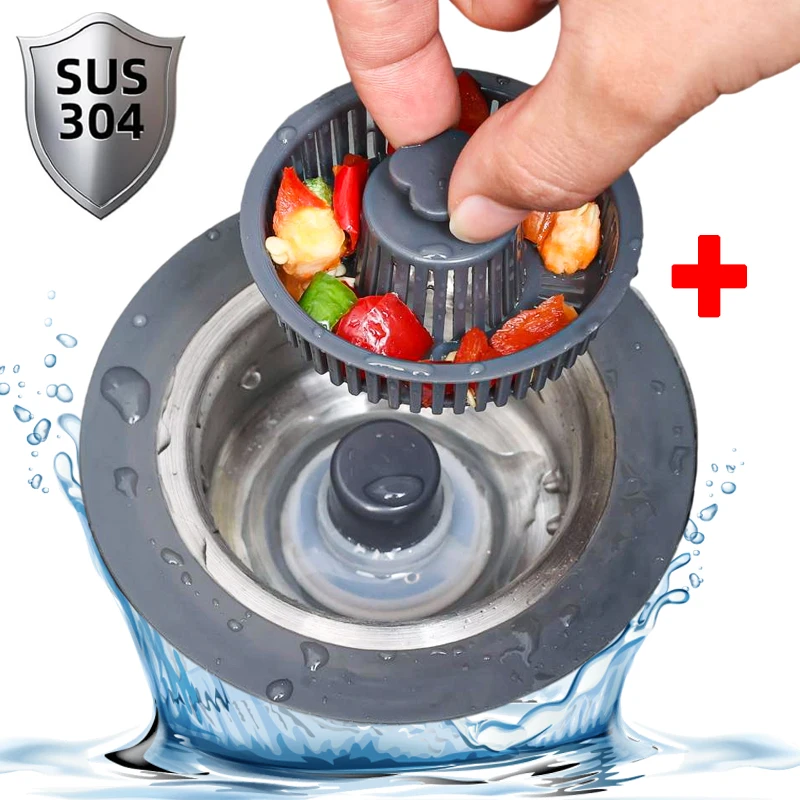 3-in-1 Kitchen Sink Drain Filter Plug Kit 304 Stainless Steel Pop-up Kitchen Drain Plug with Filter Basket Quick Drain Sink Plug