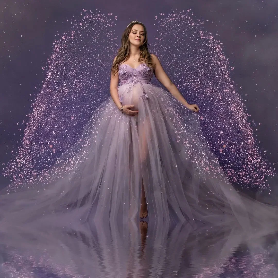 

Illusion Purple Maternity Dress for Photoshoot Appliques Tulle Split Pregnancy Babyshower Bridal Dress for Photography Props