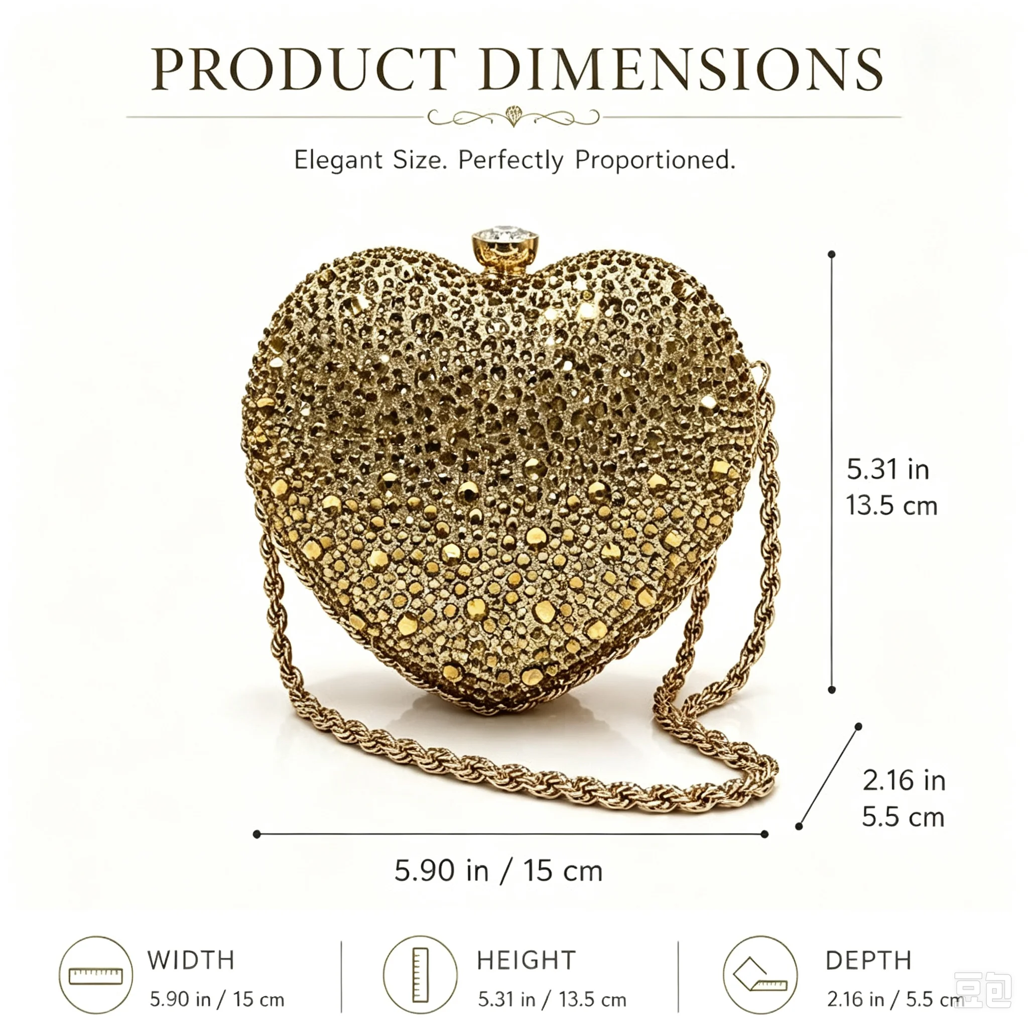 Women Golden Rhinestone Heart Evening Clutch Bag Detachable Chain Shoulder Crossbody Bag Luxury Wedding Bridal Purse Prom Party Cocktail Handbag