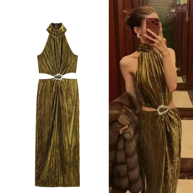 فساتين نسائية طويلة أنيقة مرصعة بمجوهرات أنيقة للنساء 2025 موضة جديدة مقصوصة فستان ميدي مثير للسيدات فساتين الحفلات المسائية ﻿