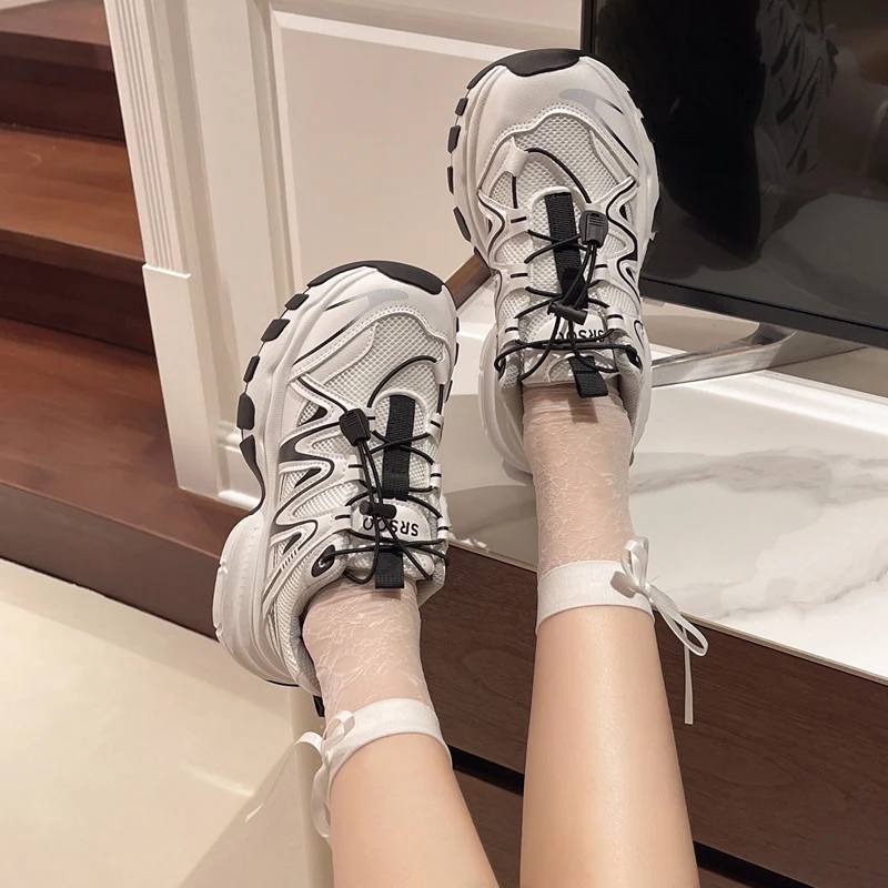 2024 New Spring Autumn Women Mesh Breathable Casual Shoes Lace up Color Matching Round Toe Thick Heels Leather Sneakers Unisex