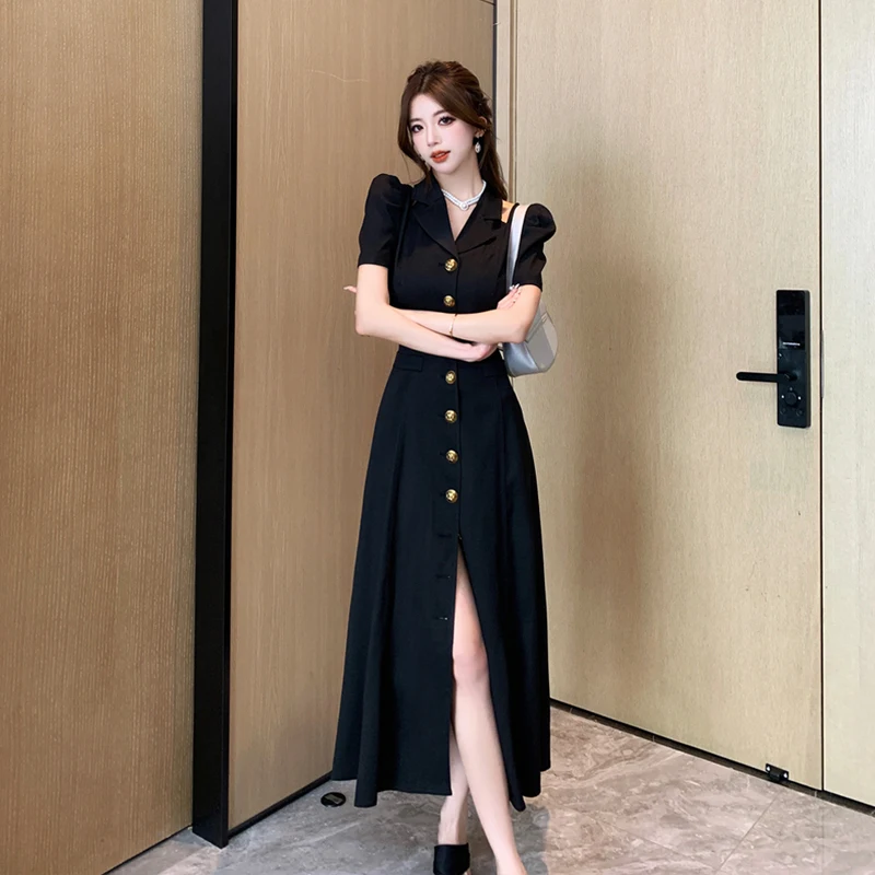 2024 Black Single Breasted Elegant Suit Maxi Dress Summer Short Sleeve Chic Off Shouler Dress Women Korean Vintage Hepburn Dress