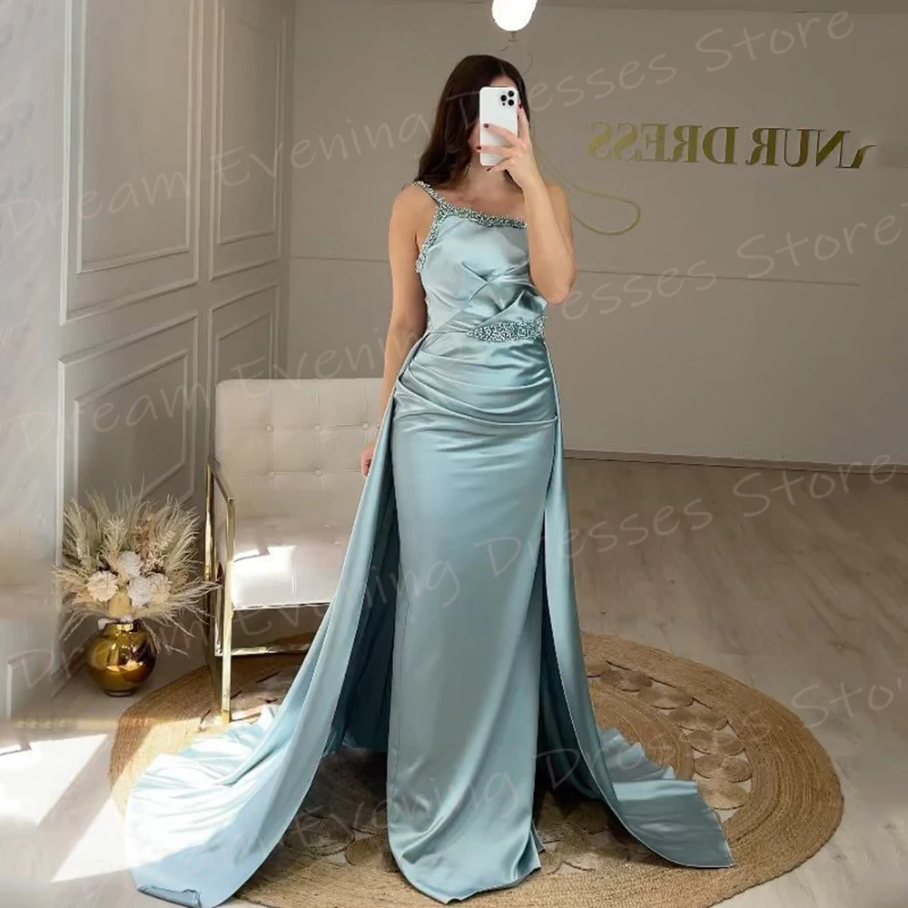 Vestido de noche de sirena azul para mujer, traje elegante con tirantes finos, Formal, para fiesta